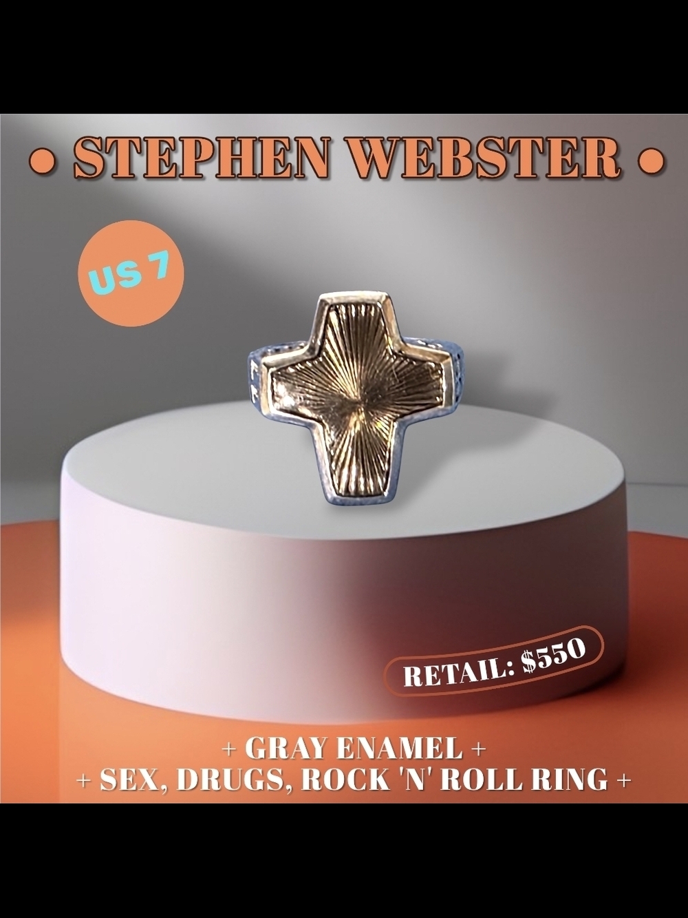 NWT Stephen Webster Sex & Drugs & Rock & Roll Ring Gray Enamel Sterling Silver 7